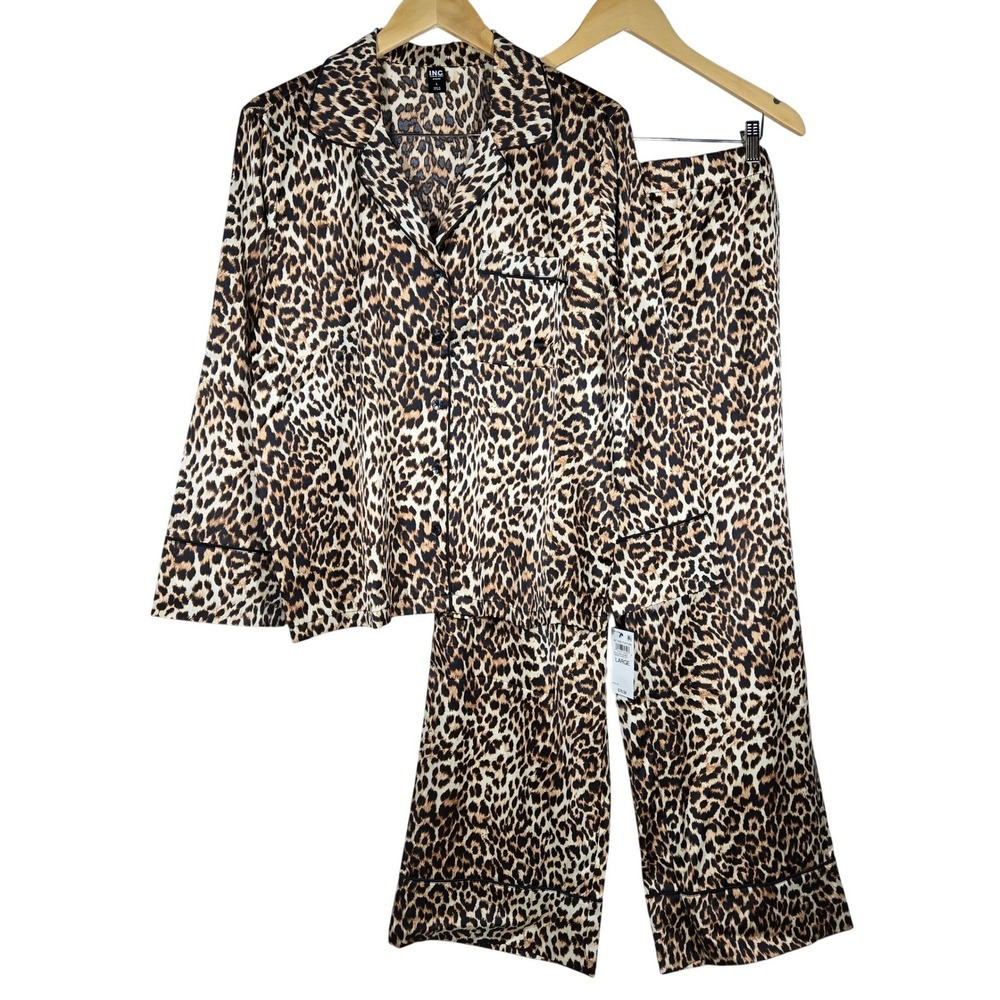INC International Concepts Leopard Print Satin Pajama Set Brown Large NEW